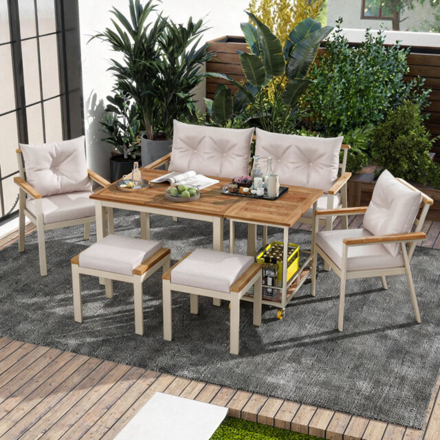 6-seater Acacia Wood Garden Dining Set With Serving Cart