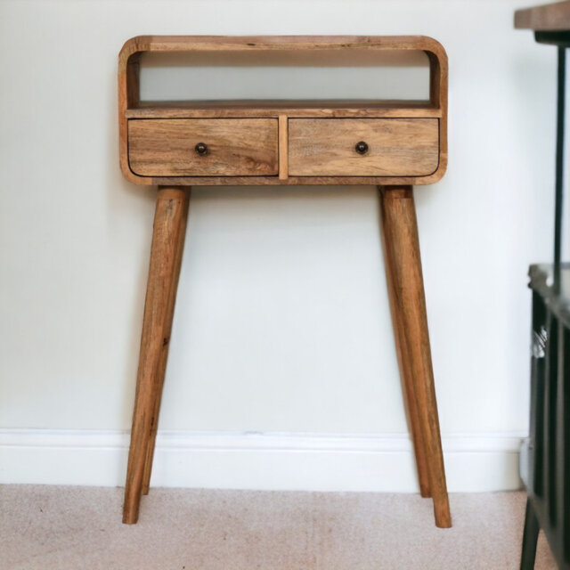 Solid Wood Mini Curved Oak-ish Console Table, 2 Drawers & Open Slot, Brown Mango Wood Entryway Hall Table