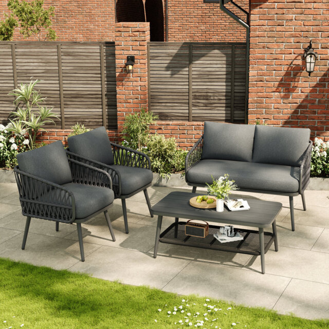 Outdoor Conversation Set 4 Places With 1 Sofa, 2 Chairs And 1 Coffee Table Beige