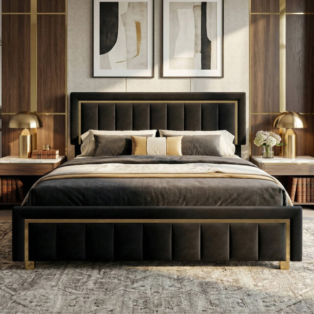 EU Double/King Velvet Ottoman Bed with Fluted Gold-Trim Headboard, Luxury Gas-Lift Storage Bed, Beige/Black, 140/160x200cm