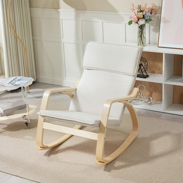 Cream Linen Upholstered Birch Bentwood Rocking Lounge Chair With High Back And Detachable Headrest Adjustable Seat Height Sturdy Indoor Relaxing Armch