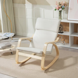 Cream Linen Upholstered Birch Bentwood Rocking Lounge Chair With High Back And Detachable Headrest Adjustable Seat Height Sturdy Indoor Relaxing Armch