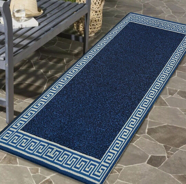 Plain Rug with Greek key Bordered Gel backed Rug Allorah Blue/Cream Rug