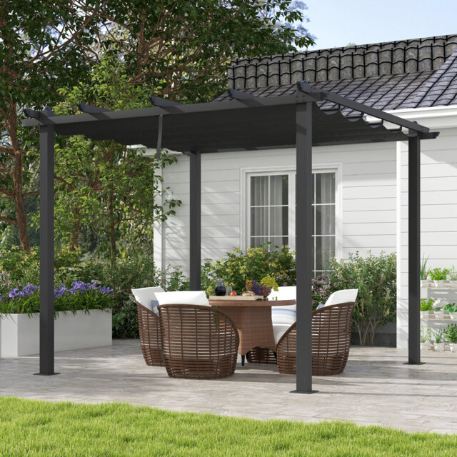 3 X 3m Aluminium Pergola With Retractable Canopy Roof, Rustproof Metal Frame, Pu-coated Fabric Shelter With Drainage Grommet Holes, For Garden Patio O