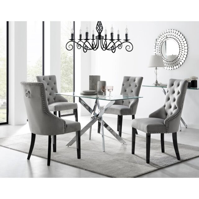 Lenworth Chrome and Glass Rectangular Dining Table Set with 4 Luxury Button Velvet Chairs
