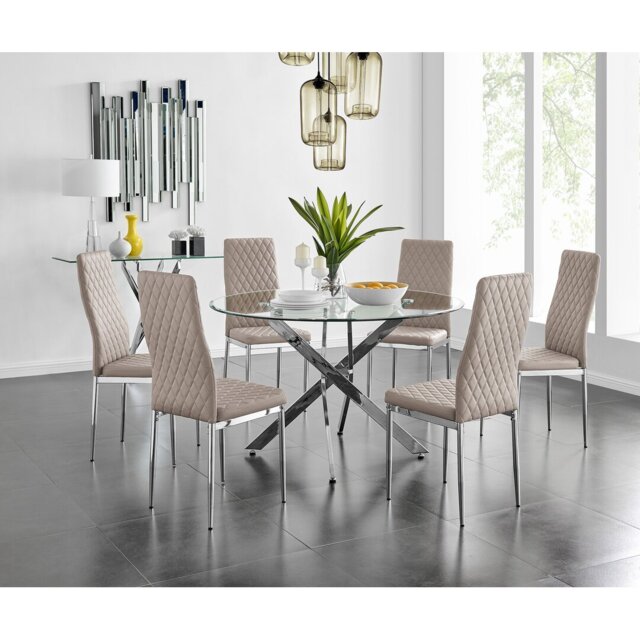 Tierra Modern Chrome Metal & Glass Round Dining Table Set with 6 Quilted Faux Leather Chairs