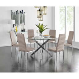 Tierra Modern Chrome Metal & Glass Round Dining Table Set with 6 Quilted Faux Leather Chairs