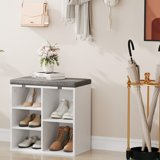 Shoe Storage Bench with Cushion, 3-Tier Adjustable Shelf Shoe Cabinet, Small Shoe Rack Bench for Hallway, Living Room, Bedroom and Closet