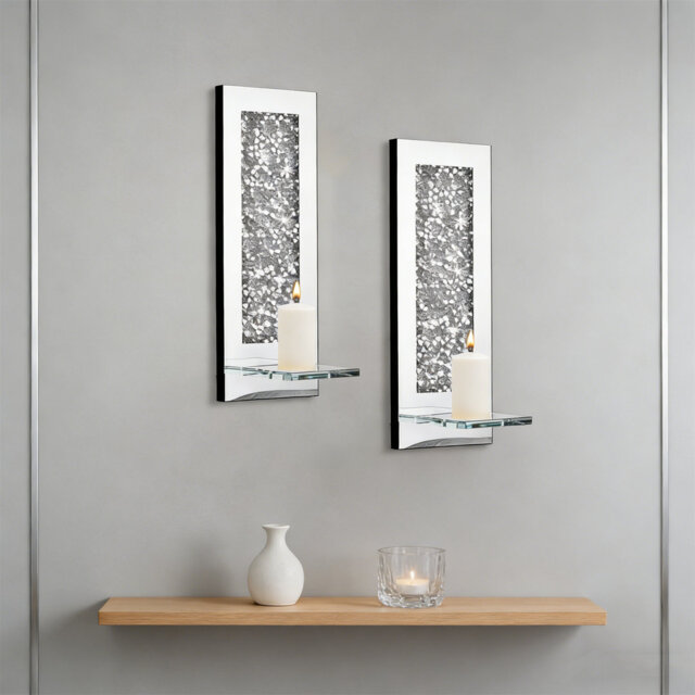Crystal Crush Diamond Wall Candle Holder Set Of 2, Rectangle Silver Mirrored Candle Sconces, Home Wall Decoration For Living Room,Dining Room & Bedroo
