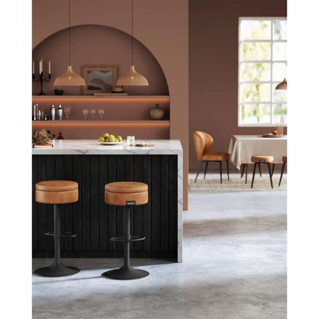 "Collection - 360Â° Swivel Bar Stool, Height Adjustable Barstool With Storage, Synthetic Leather With Stitching, Mid-Century Modern, Kitchen Bar, Easy "