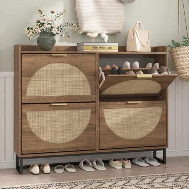 Rattan Shoe Storage Cabinet with Adjustable Shelves, Storage Unit for Hallway, Wooden Shoe Organiser with 4 Flip Drawers, Entryway and Living Room