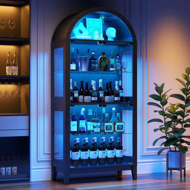 175cm H x 75cm W Modern Arched Glass Bookcase with RGB LED Lighting & Removable Shelves