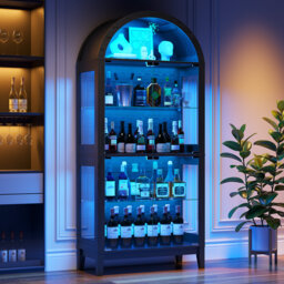 175cm H x 75cm W Modern Arched Glass Bookcase with RGB LED Lighting & Removable Shelves