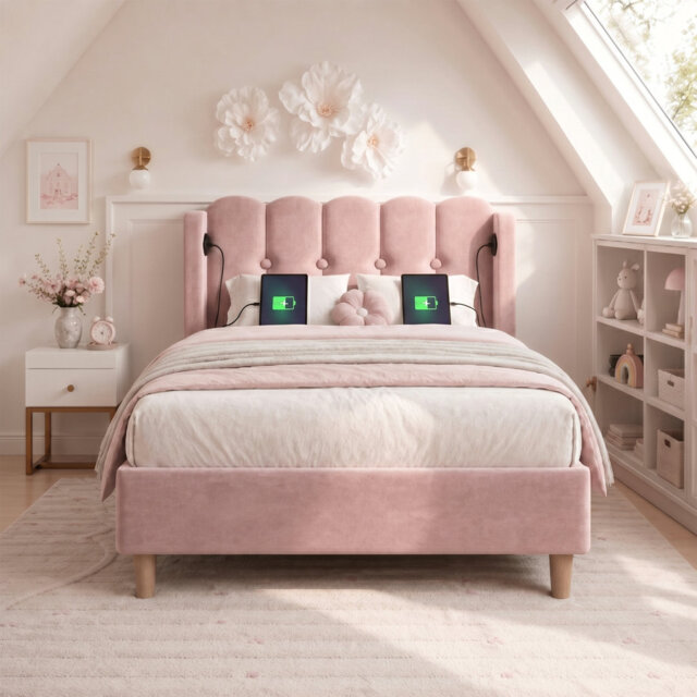 Single Upholstered Bed 3FT Single Velvet 1 Piece Beige - LED Lighting, USB & Type-C Charging, Velvet Upholstery