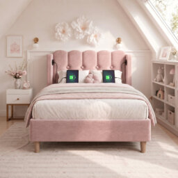 Single Upholstered Bed 3FT Single Velvet 1 Piece Beige - LED Lighting, USB & Type-C Charging, Velvet Upholstery