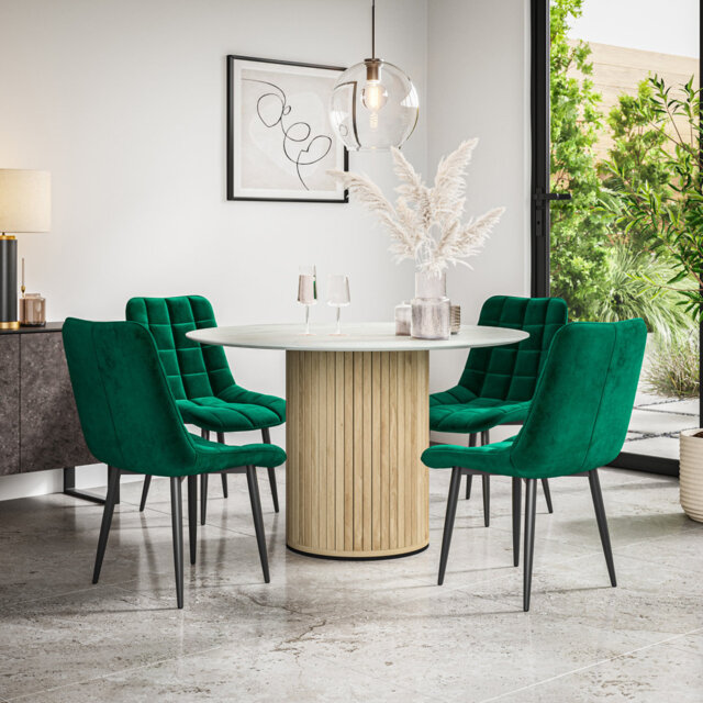 Arlo White Marble Table Top W Oak Legs + Nova Velvet Dining Chair Mustard Set Of 6