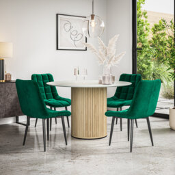 Arlo White Marble Table Top W Oak Legs + Nova Velvet Dining Chair Mustard Set Of 6