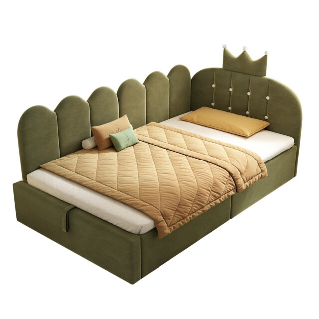3ft Velvet Upholstered Daybed With Hydraulic Storage, Crown & Lattice Design, Sofa Bed 90x190 Cm, No Box Spring – Beige
