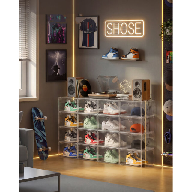 Shoe Boxes, Pack Of 6 Stackable Shoe Organisers With Clear Door, Plastic Shoe Storage For UK Size 11, 28 X 36 X 22 Cm, Transparent