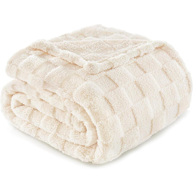 Fleece Throw Blanket For Couch,Super Soft And Warm Lightweight Checkered Pattern Blankets For All Seasons, 127X152 CM, Ivory