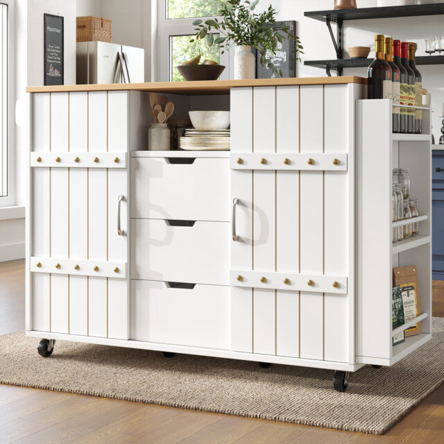 White kitchen island cart with workbench,spice rack,towel rack,sliding door & drawers