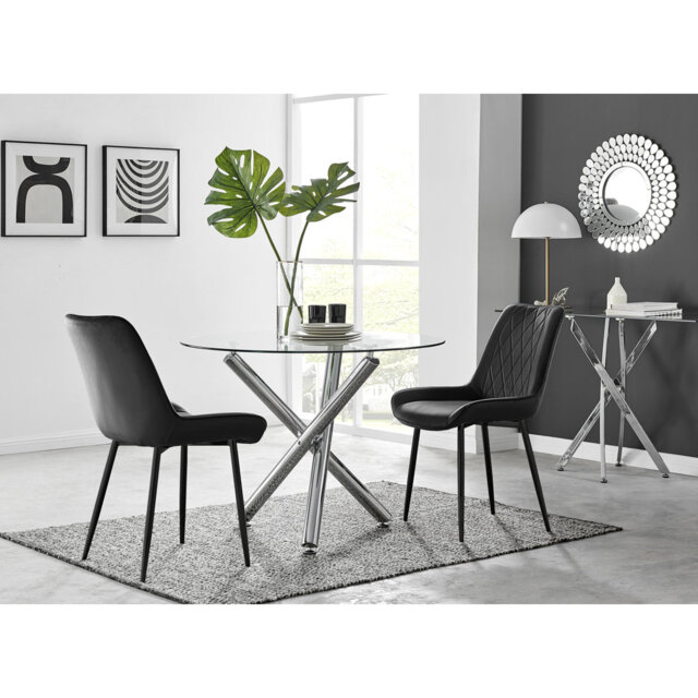 Seline Modern Round Dining Table Set in Glass and Chrome with 2 Luxury Velvet Leather Chairs