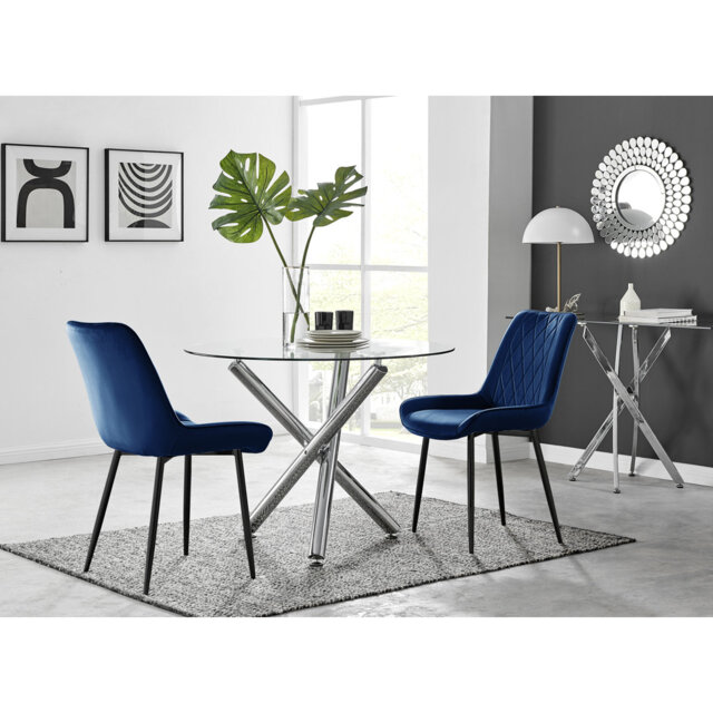 Seline Modern Round Dining Table Set in Glass and Chrome with 2 Luxury Velvet Leather Chairs