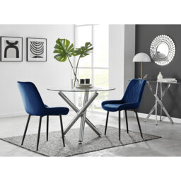 Seline Modern Round Dining Table Set in Glass and Chrome with 2 Luxury Velvet Leather Chairs