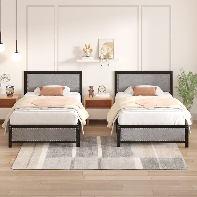 Single Size Bed Frames With Linen Upholstered Headboards And Nailhead Trim, Modern Platform Bed with Sturdy Metal Slats Support, Easy To Assemble