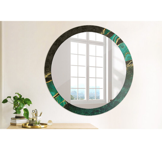 Huldar Round Glass Framed Wall Mounted Accent Mirror in Black/Green