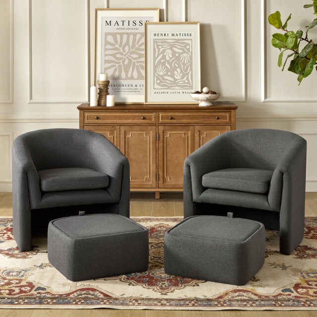 Yeomans Modern Upholstered Versatile Barrel Chair With Removable Leg Storage Ottoman Set Of 2