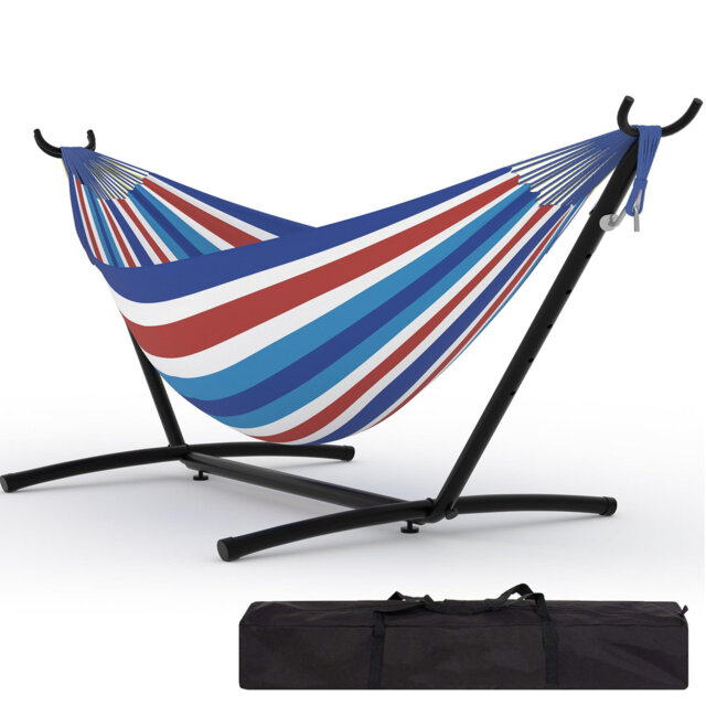 "Hammock with Curved Wooden Arc Stand and Side Tightening, 110""l x 43""w, Iron Frame & Cotton Polyester, Suitable for Indoor & Outdoor Use"