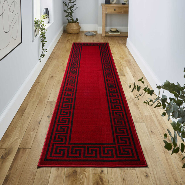 Greek-Key Red Black Non-Slip Polypropylene Area Rug — Washable Door Mat & Hallway Runner for Living Room, Kitchen & Bedroom