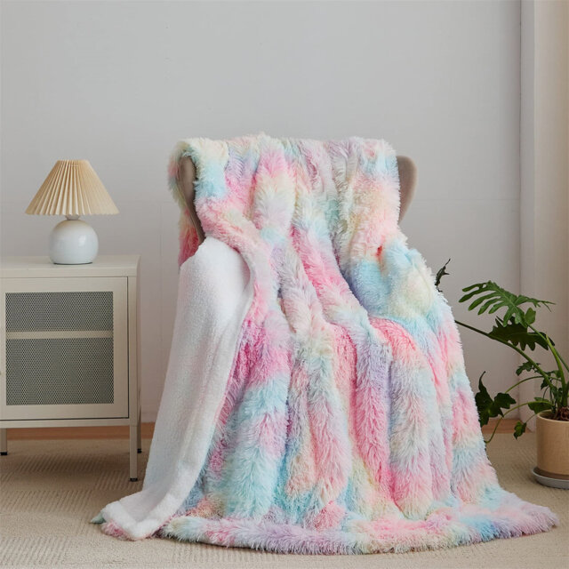 Large Colorful Rainbow Faux Fur Super Soft Warm Fluffy (160X200cm) Blanket