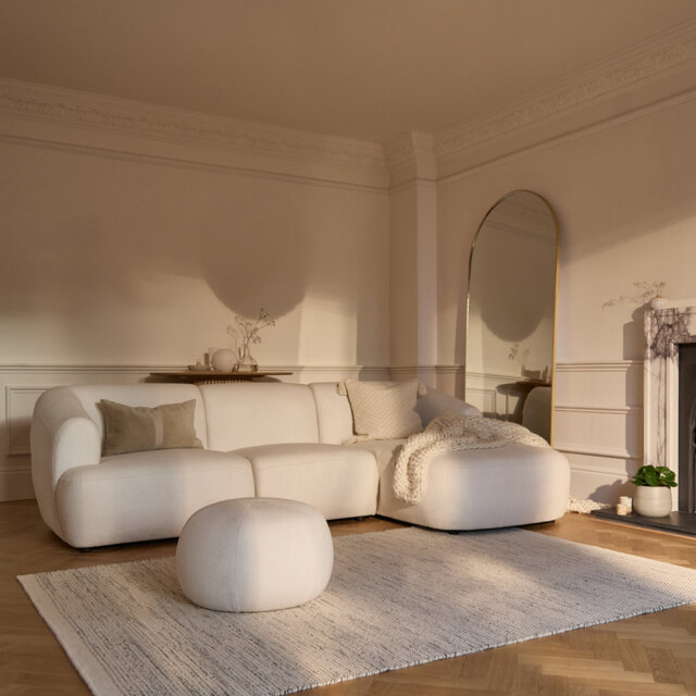 Chaise Corner Sofa & Round Footstool Set - Chalk White Boucle