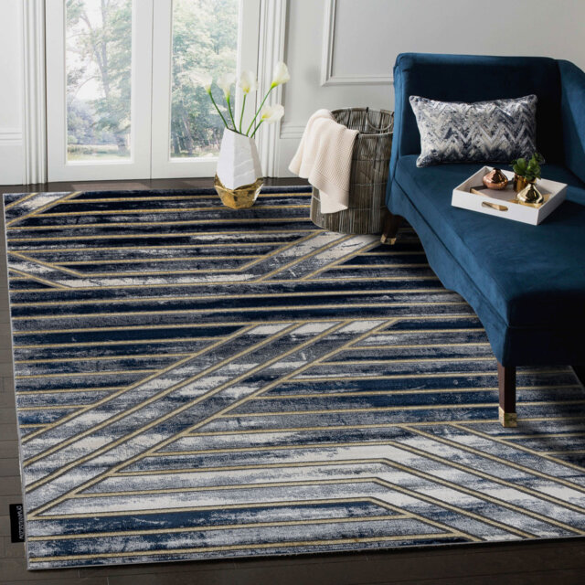 Modern DE LUXE rug for living rooms, bedrooms, lines - textured dark blue / gold