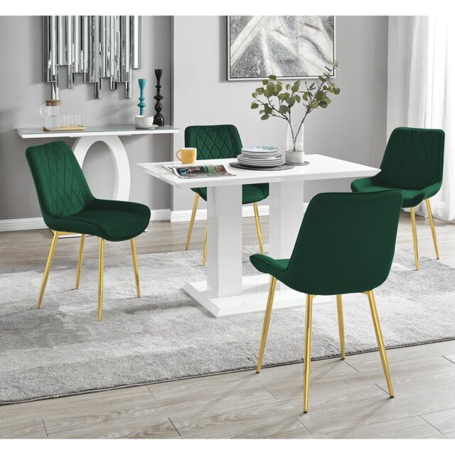 Edzard Double Pedestal High Gloss Dining Table Set with 4 Luxury Velvet Dining Chairs