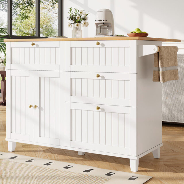 Rolling Kitchen Island Cart with Drop Leaf Top, 3 Drawers Storage Cabinet, Towel Rack & Breakfast Bar, White