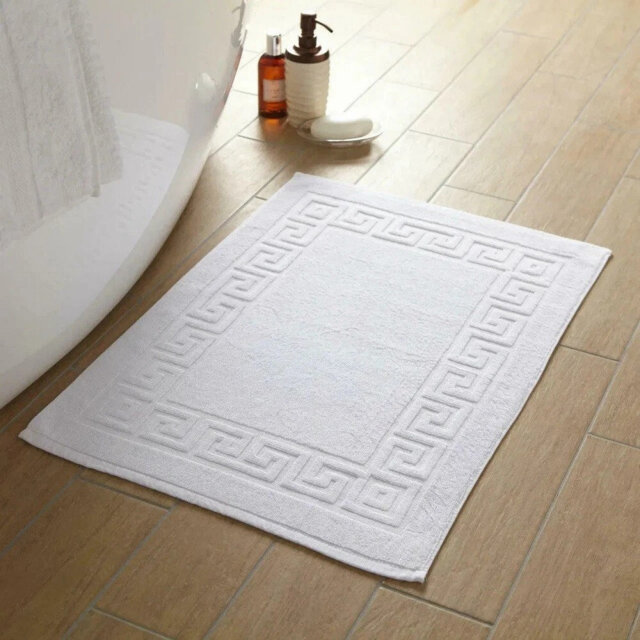 Hotel Quality White Bath Mats 100% Cotton Greek Borders Design 700GSM Thick Mats 50X75 Size