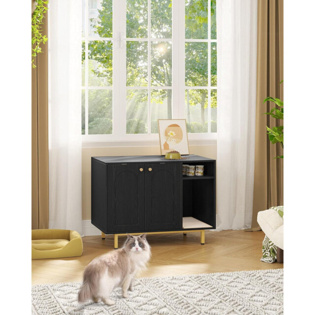 Cat Litter Box Enclosure, Hidden Litter Box Furniture with Scratching Mat, Wooden Pet House Side End Table, Tall Legs, Double Doors, 80 x 50 x 61 cm,