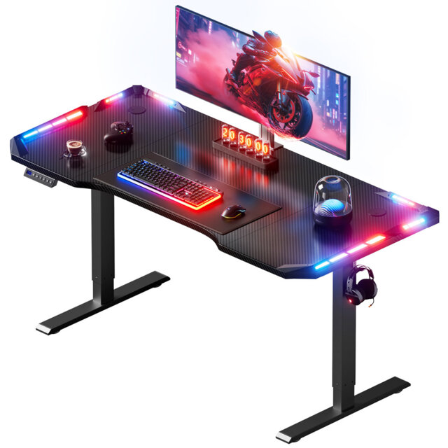 Electric Height-Adjustable Gaming Desk with LED Lighting, Ergonomic PC Table with Carbon Fiber Surface, 3 Memory Positions and 3 Sizes, Gaming Compute