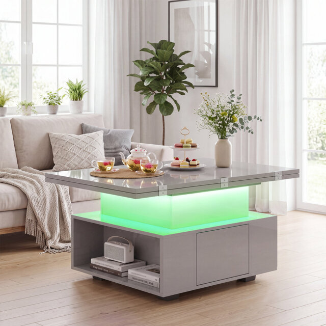 Folding Lift Top Coffee Table with 2 Drawers&LED Light,High Gloss 4in1 Extendable Coffee Table Dining Table for 4-6,Wooden Center Tea Table with Stora