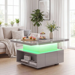 Folding Lift Top Coffee Table with 2 Drawers&LED Light,High Gloss 4in1 Extendable Coffee Table Dining Table for 4-6,Wooden Center Tea Table with Stora