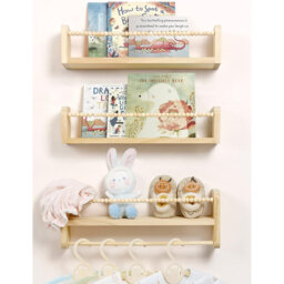 Natural Wood Nursery Floating Shelves Set of 3 with Towel Bar 23in Wall Mounted Organiser for Child's Room