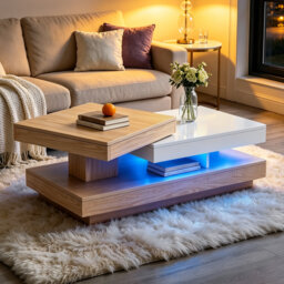 Modern Rotatable Two - Tone Wood & High Gloss Coffee Table with Adjustable LED Lights for Living Room