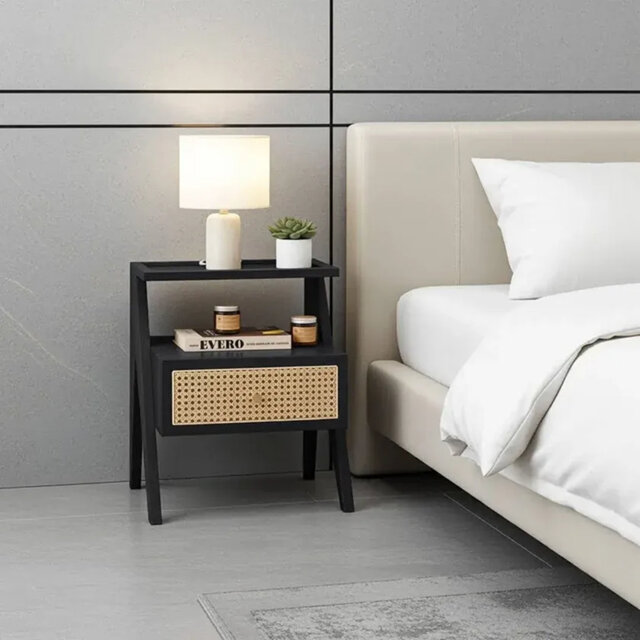 Mina Solid Wood & Rattan Bedside Cabinet
