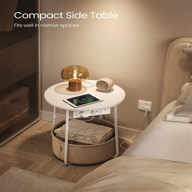 Side Table With Charging Station, Round Side Table With Power Socket, USB Port, Fabric Basket, Suitable For Living Room, Bedroom, Bedside Table, Moder