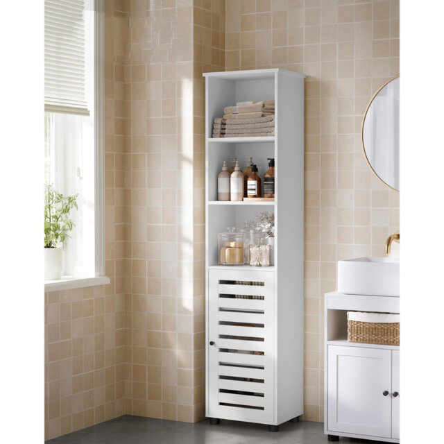 Tall Bathroom Floor Storage Cabinet Unit Freestanding, With 3 Open Compartments And 2 Adjustable Shelves, Living Room, Entryway, Cloud White