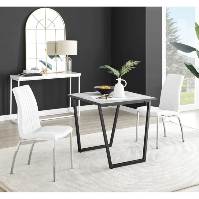 Industrial Design White & Grey Marble Effect Melamine Dining Table Set with 2 Faux Leather Chairs