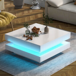 70x70x36 Cm White High Gloss Coffee Table With 360° Rotating Top And 16-color Led Light